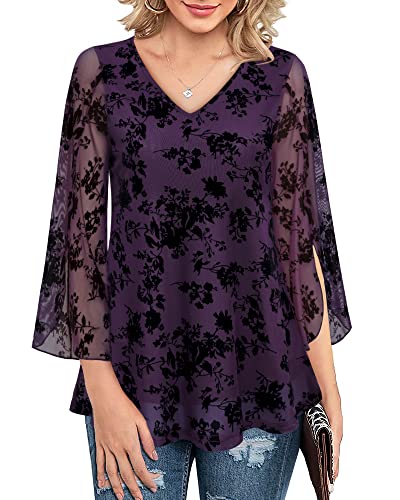 Bebonnie Dressy Tunic Blouses For Women, Ladies Ruffle 3/4 Sleeve V Neck Chiffon Blouses Loose Fit Flowy Evening Cocktail Tops Maternity Pregnant Tunic Tops Office Work Wear Dark Purple Xl #TOP2