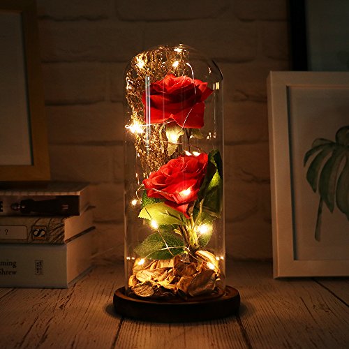 Misbest Beauty And The Beast Rose, Enchanted Rose Artificial Silk Rose Flower In Glass Dome With Led Light Wooden Base For Valentine's Day Wedding Anniversary Birthday Gift #TOP3