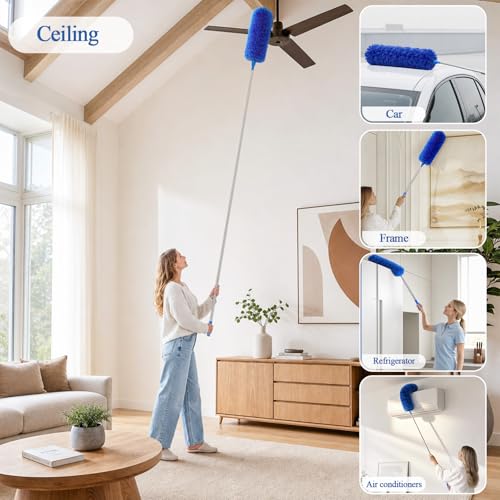 Image of Cobweb Duster with Extension Pole 100 inches, Dusters for Cleaning with 2 Duster Heads, Washable Microfiber Feather Duster for Cleaning Ceiling Fan, High Ceiling, Blinds, Furniture & Cars