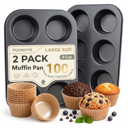 FUOAUYK Jumbo Muffin Pan 2 Pack Extra Large Muffin Tin 6 Cup Includes 100 Jumbo Cupcake Liners Nonstick Carbon Steel Giant Cupcake Pans for Baking Breakfast & Party Cupcake Tin