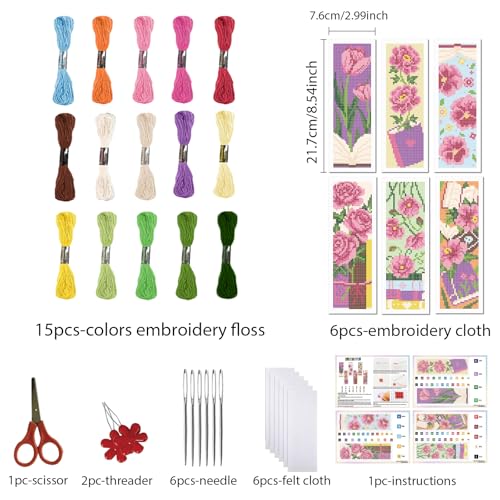 Image of FREEBLOSS 6 Set Cross Stitch Bookmark Kit 11 CT Complete Cross Stitch Kit DIY Embroidery Bookmark Kits for Adult Beginners with Instructions, Flowers and Books, 8 inch x 2.4 inch