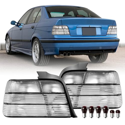 USR 92-99 E36 Sedan 3Series Tail Light – Rear Tail Lamps Set (Left + Right) Compatible with 1992-1999 BMW 3 Series 4 Door All Models 318i, 320i, 325i, 328i and M3 (CLEAR LENS TAIL LIGHTS with BULBS)