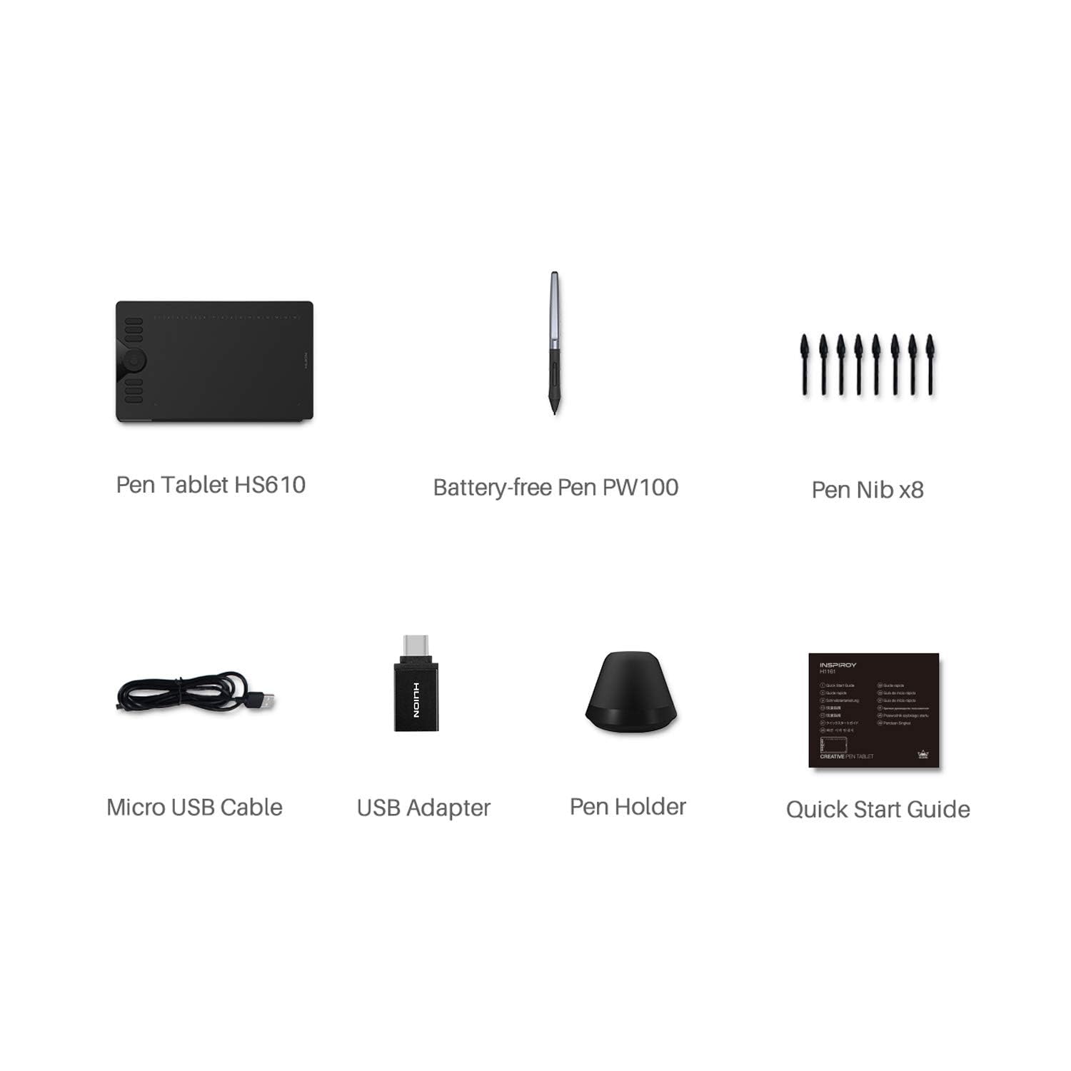 HUION Tableta gráfica HS610 lápiz digital sin batería con función de inclinación, macOS Android Windows
