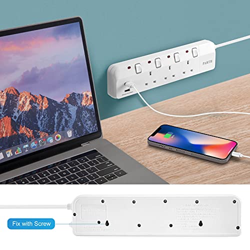 PARTH 2M Extension Lead with USB Slots 3 Way, 2 Metre Long Extension Cable 3 Gang 13A Multi Plug Extension Socket with Individual Switches, Wall Mount Heavy Duty Extension Cord for School Home Office - Image 6