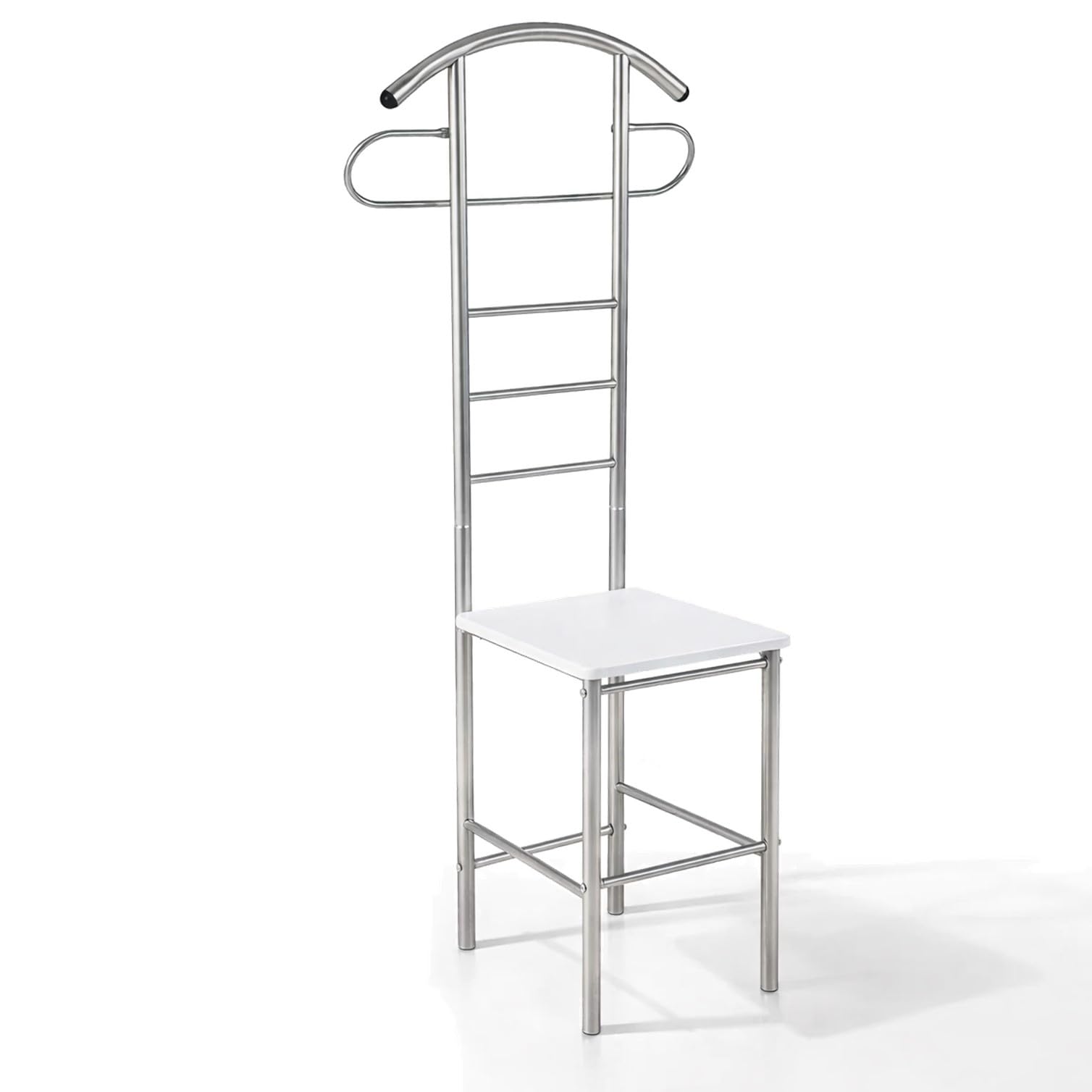 Herrendiener Metall Silber-Weiß [KNITTERFREIE ANZUG AUFBEWAHRUNG] inkl. Sitzfläche (33x29cm) & bis 100kg belastbar – moderner stummer Diener, Anzugständer & Kleiderbutler – platzsparend 120x52x40