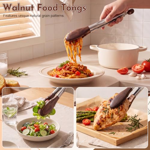 Image of 6 Pcs Walnut Wooden Kitchen Utensil Cooking Utensils Set with Food Tongs Flat Spatula Angled Spade Slotted Turner Sourdough Spatula Soup Spoon Heat Resistant for Nonstick Cooking Stirring Serving Home