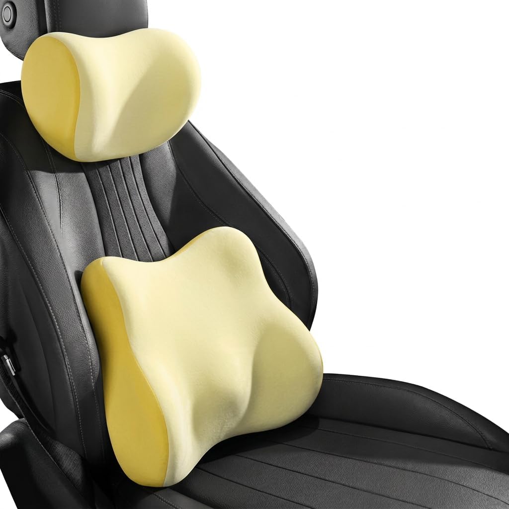 WANJUNSHANGMAOYOUXIAN Car Cushion Lumbar Pillow Headrest for VW Golf 7 GTI/GTD/TCR/R R-Line 2012-2020, Waterproof Ergonomic Premium Memory Foam Car Neck Cushion & Lumbar Support Pillow Set,Yellow