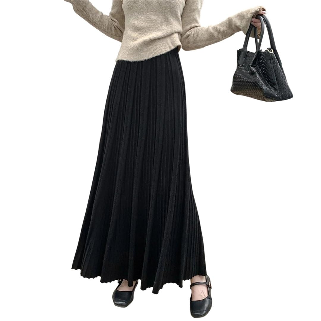 Women Knitted Pleated Umbrella Skirt High Waist Loose A-Line Skirts