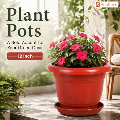Image of Bonkaso 12 Inch Plant Pots with Drainage Plate (Set of 6, Red) | Heavy Duty Plastic Flower Pots for Indoor & Outdoor Plants | UV Resistant Garden Pots for Balcony, Terrace, Home & Nursery