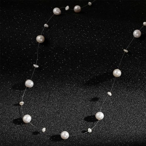Bridal Shower Gifts Floating Freshwater Cultured Real Genuine Pearl Necklace Dainty Elegant Invisible Transparent Waterproof Station Tarnish Free Jewelry for Women3