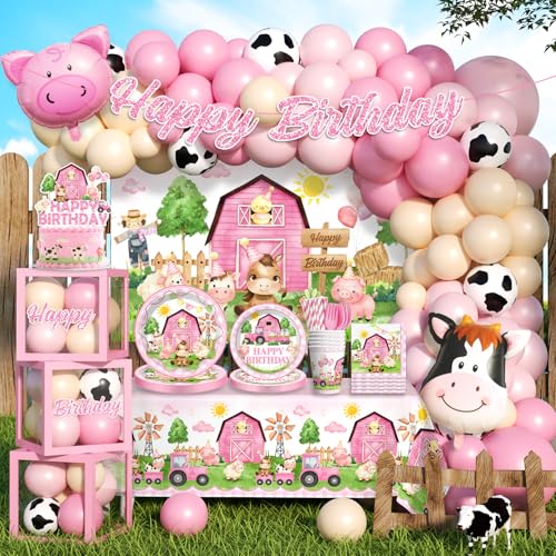 Fexivo 313pcs Farm Birthday Decorations for Girl Worry-free One-stop Set for 25 Guests with Thick Plates Banner Centerpieces and Cupcake Toppers Easy Setup for Farm Themed Party