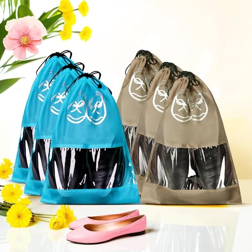 Image of Heart Home Pack of 6 Travel Shoe Organizer | Travel Storage Bags | Travel Carrying Bag | Storage Organizers Set | Shoe Cover with Transparent Window | Shoe Dori Cover | Brown & Sky Blue