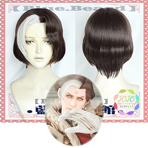 KAPVXRKI Emet-Selch White Brown Short Cosplay Wig Heat Resistant Synthetic Wigs for Halloween Costume Party Role Play+Wig Cap