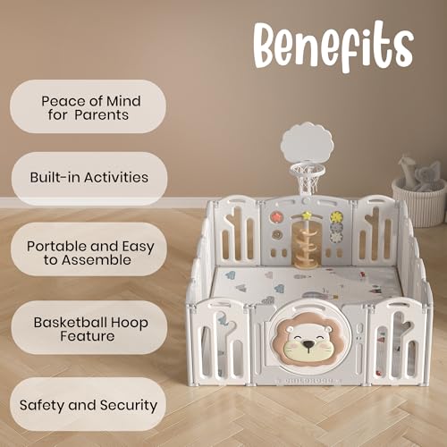 Image of 46 Sq Ft Extra Large Baby Playpen | Lion-Themed 20-Panel Play Yard with Soft Mat & Basketball Hoop | Indoor /Outdoor Toddler Fence | Grey-White | ISO & CE Certified