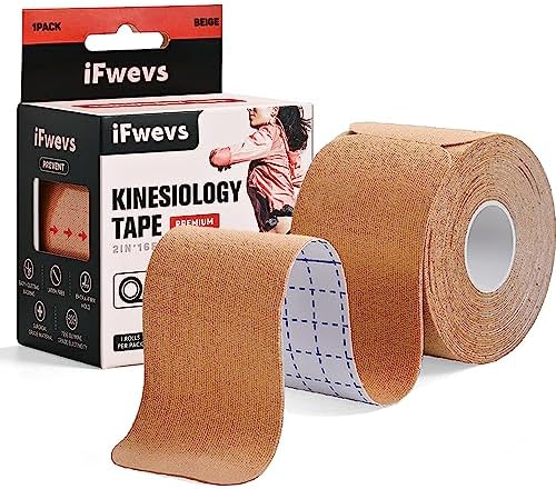 iFwevs 16ft PreCut Kinesiology Tape, Sports Recovery & Support Tape for Joint & Muscle Pain，Cotton Elastic Athletic Tape Latex Free, 2inch x 16ft（Beige）