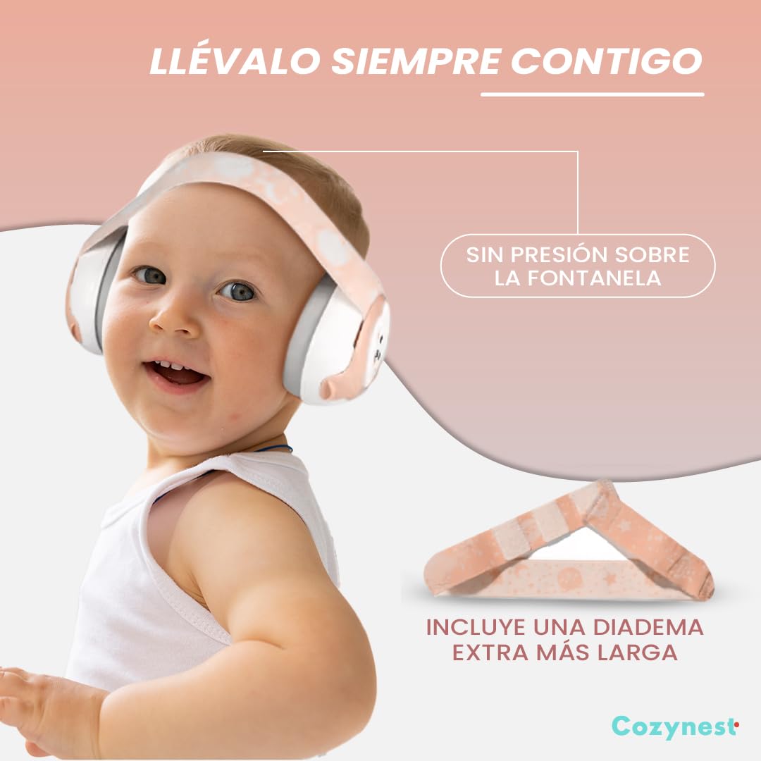 Cozynest Cascos Antiruido para Bebés 0-36 Meses con Reducción de Ruido de 25dB, Diseño de Oso y Diadema Ajustable - Orejeras Antiruido con Bolsa de Transporte (25dB + Cinta Extra, ROSA)