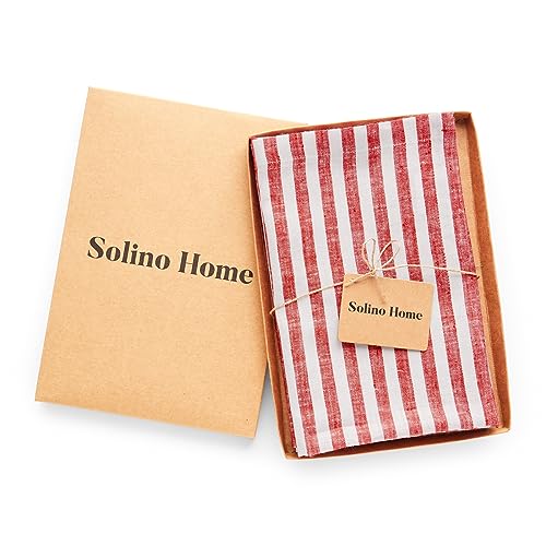 Image of Solino Home 100% Linen Napkins, 20 x 20 in, Red and White Striped, Set of 4
