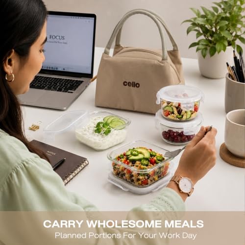 Image of CELLO Alba Glass Lunch Box with Bag for Office Use, Beige | 2 x 320ml Square + 2 x 240ml Round Microwave Safe Containers with Spoon & Fork, Fridge Safe Leak Proof Airtight Tiffin Box Set for Travel
