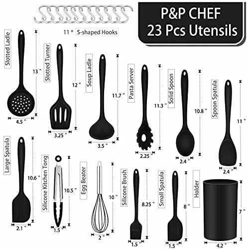 Black Cooking Utensils With Holder, P&P Chef 23-Piece Silicone Kitchen Baking Utensil Set, Easy Hanging With Hooks, Spatula, Turner, Ladle And Spoon, One Piece Design & Easy Clean & Non-Toxic #TOP1