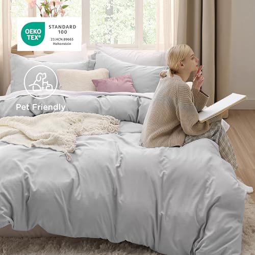 Image of Bedsure Light Grey Duvet Cover King Size - 3 Pieces Prewashed Cotton-Like Polyester Extra Soft Bedding Set, Includes 1 Duvet Cover 104x90 Inches with Zipper Closure & 2 Pillow Shams, No Comforter