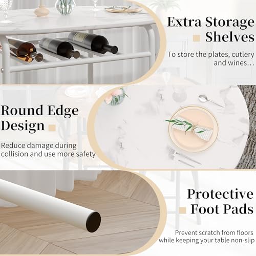 Image of VECELO 3-Piece Dining Table Set for Kitchen Breakfast Nook, Faux Marbled Oval Tabletop and Metal Frame with Built-in Wine Rack, for Small Spaces, White