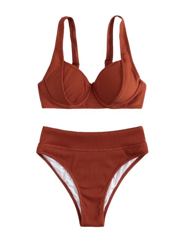 Women's Ribbed Two-Piece Bikini Set – Push-Up High-Waist Swimsuit with Tummy Control – Solid Color Swimwear