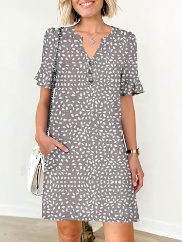 Image of Prinbara Womens Summer Casual Dresses Ruffle Short Sleeve V Neck Button 2026 Spirng Vacation Beach Loose Boho Shift Dress