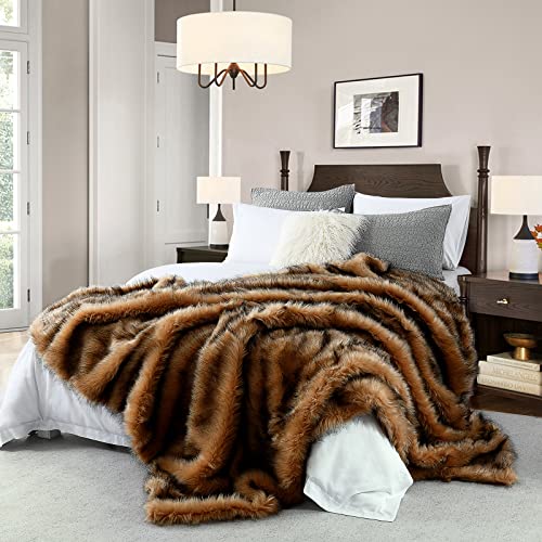 Luxury Plush Faux Fur Blanket King Size Long Pile Brown with Black Tipped Throws Oversized Super Warm Fuzzy Elegant Fluffy Decoration Throw Blanket for Sofa Armchair Couch and Bed 104x90