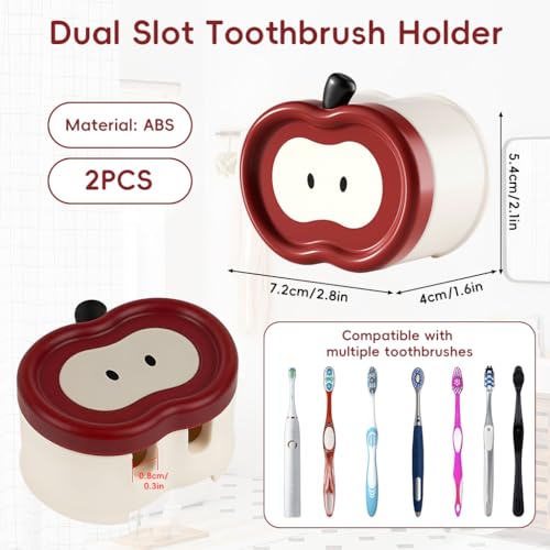 Image of HASTHIP 2Pcs Wall-Mounted Tooth Brush Holder Bathroom, Cartoon Tooth Brush Holder with 2 Slots, Wall Mounted Adhesive Wall Toothbrush Drying Rack Organizer with Dustproof Flip-up Lid Design