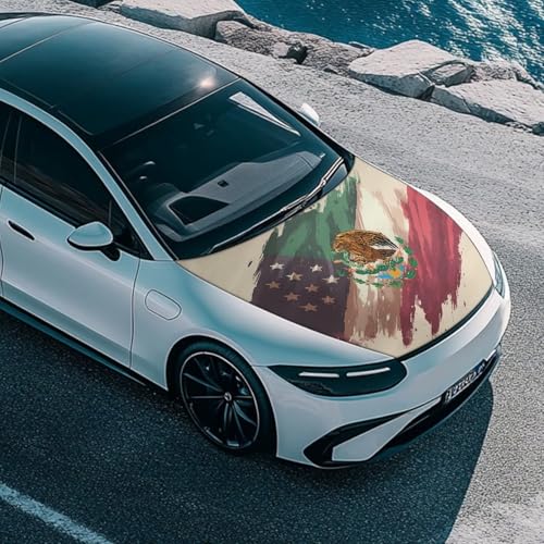 Image of Car Hood Cover Protector 59x39 Inch Stretchable Auto Hood Wrap Blankets Waterproof Automotive Exterior Accessories for Sedans SUV Trucks (USA Flag and Mexican Flag Design)