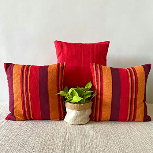 Image of RANGBHAR Handloom Cushion Covers with Concealed Top Zip, Set of 3, Striped, 16 x 16 inch, Red