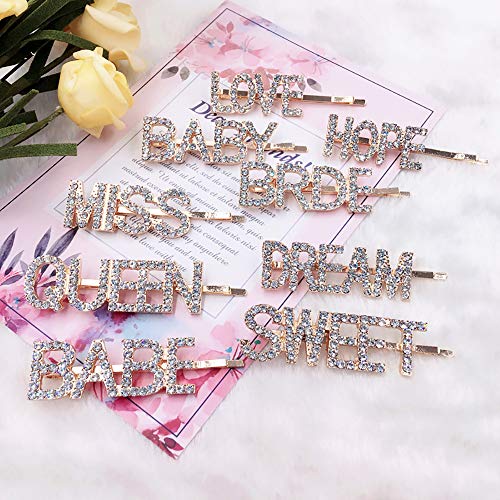 9pcs Letter Hair Clips with Words,Rhinestone Bobby Pin Decorative Bridal Bling Rhinestone Gold Handmade Hair Accessories for Women Girls for Birthday Party