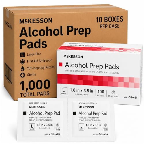 McKesson Alcohol Prep Pads (1000 Count) - Sterile Individually Wrapped Wipes 70% Isopropyl Alcohol Large Size 2-Ply Medical Grade First Aid 10 Boxes