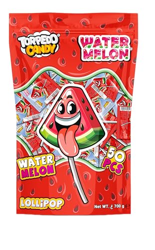 Torpedo Watermelon Lollipop Candy Pack of 50 Pcs 14g Each Juicy Fruity Hard Candy Pops Individually Wrapped Bulk Sweets for Kids Party Favors & Fun Snacks