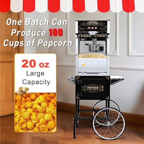Image of 20 oz Commercial Popcorn Machine with Cart (Black) - Professional Grade Popcorn Maker - Vintage Movie Theater Style Popper with Storage, Stainless Steel Serving Supplies for Business Use