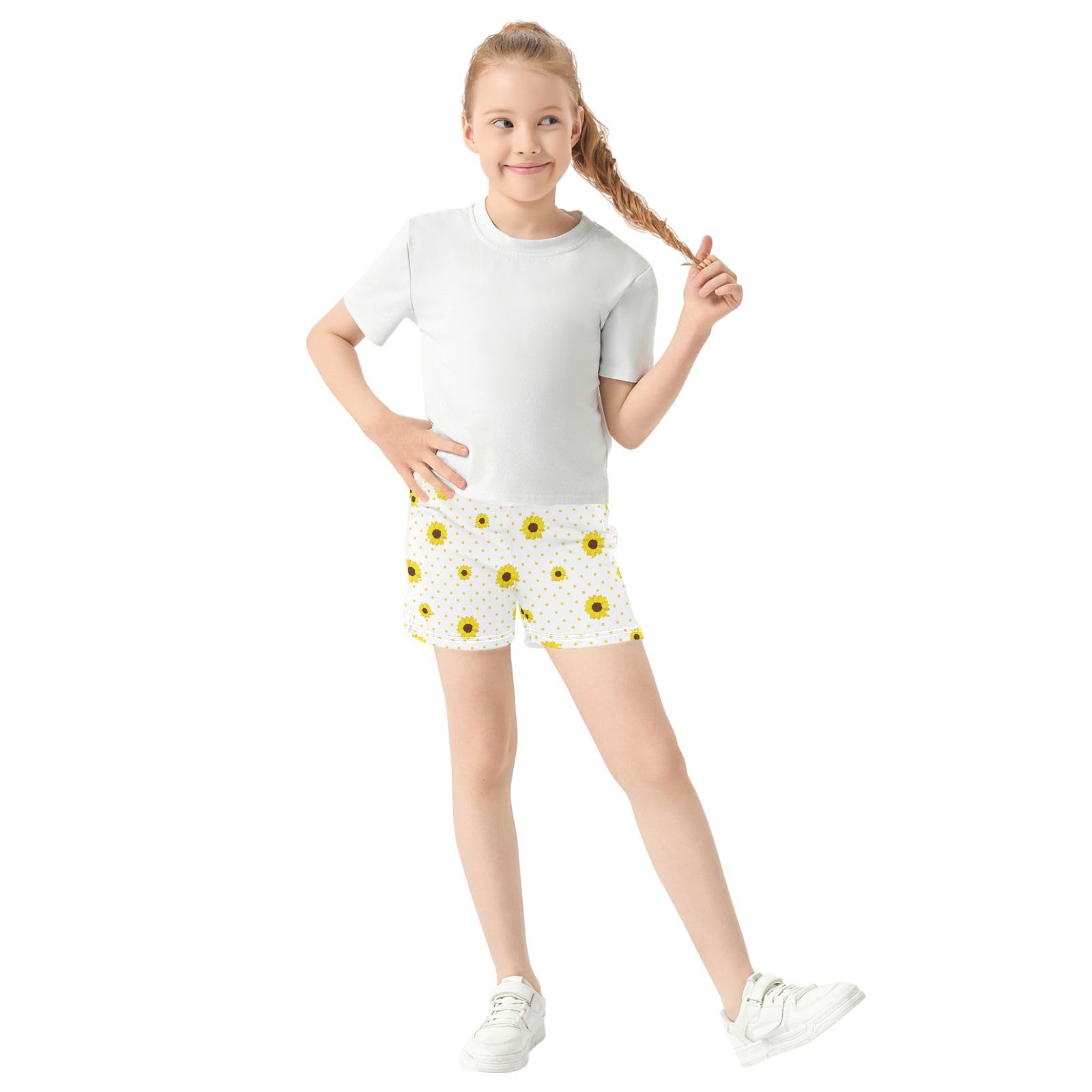 pnyoin Girl's Shorts Sunflowers Yellow Polka Dots Athletic Running Shorts with Pockets Size 14-15t