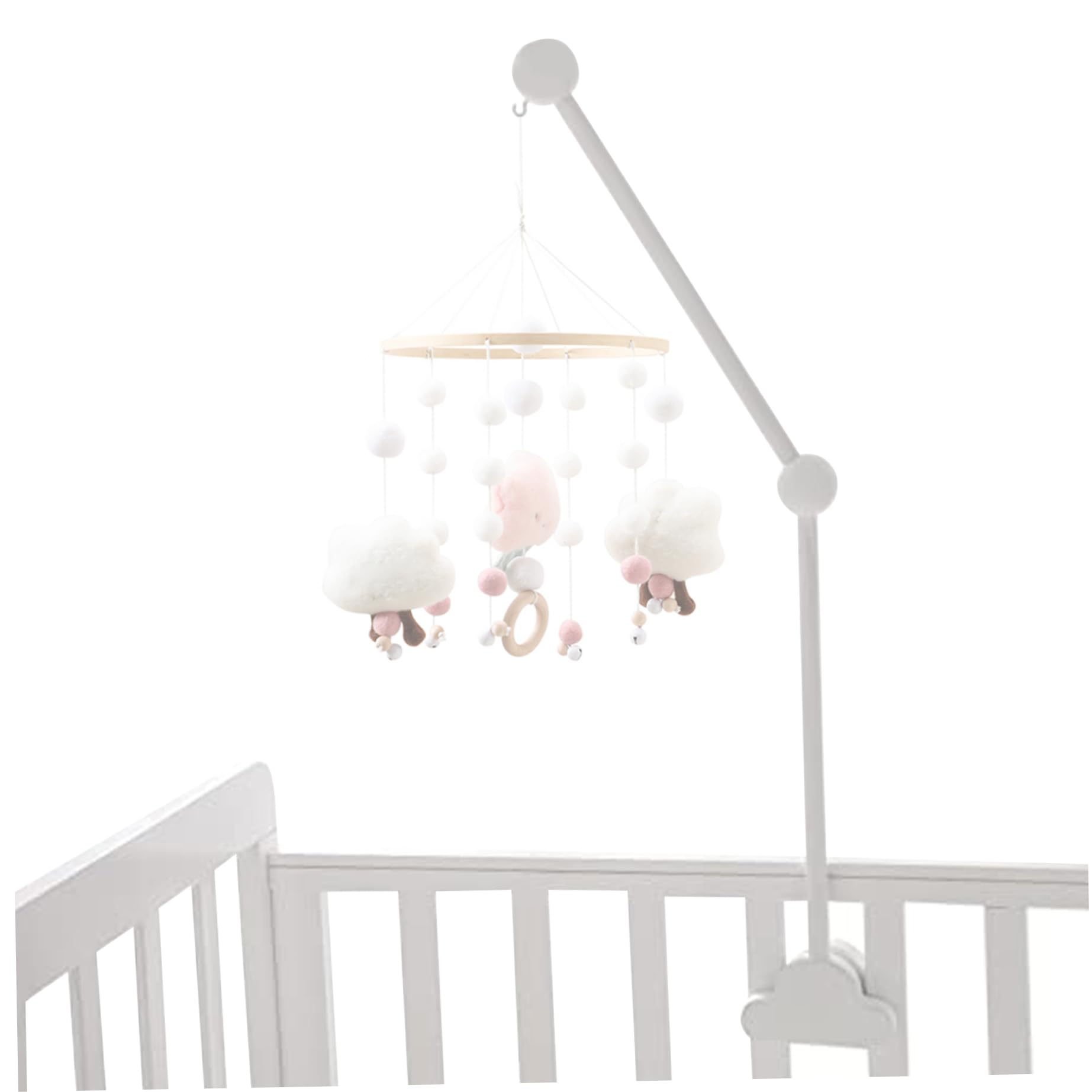 Newin Star Baby Crib Mobile Arm 27.17inch Wooden Cloud Design Detachable Adjustable Holder Cute Cot Bed Bell Wind Chimes Hanger Bracket(without mobiles), White