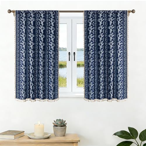 Image of Navy Blue Boho Curtains 45 Inch Long for Living Room, Bedroom, 2 Panels Floral Farmhouse Vintage Tassel Semi Sheer Light Filtering Privacy Window Curtain Drapes with Rod Pocket, Navy Blue