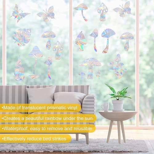 Image of 44PCS Mushroom & 3 Leaf Window Clings - Anti-Collision Decals to Save Birds, Non-Adhesive Prismatic Vinyl, Rainbow Stickers (Rainbow 44 Pieces)
