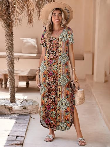 Image of BELAROI Plus Size Maxi Dress for Women Summer Casual V Neck Short Sleeve Long Dress with Pockets Beach Vacation Cover Up