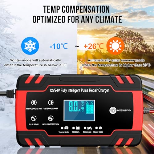 Miniatura 6 de 8A 12V/4A 24V Cargador de Batería de Coche,Cargador de Batería Inteligente para Moto con Función de Reparación,Múltiples Protecciones,para Auto, Moto,Camión,AGM,Gel,Wet, SLA