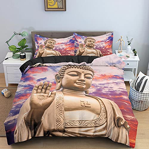 Statue de Bouddha 3D HD Housse de Couette 200x200 cm, Parure de Lit 2 Personnes en Microfibre avec 2 Taies d'oreiller 65x65 cm ( avec Fermeture éclair ) Cover