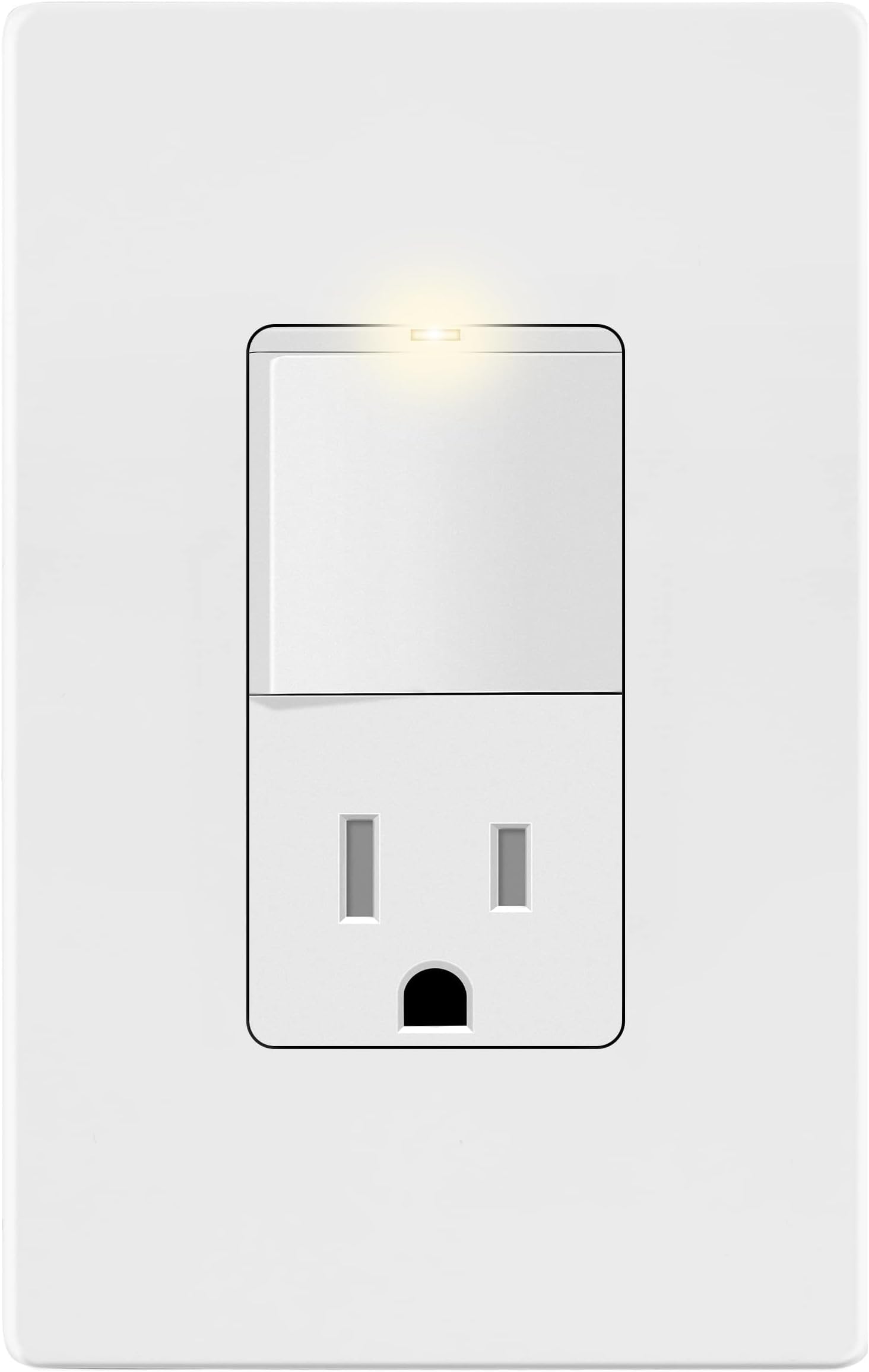 LIDER Matte Finish Lighted Combination Decorator Switch and Tamper-Resistant Receptacle with Screwless Wall Plate, Single Pole, Residential Grade, 15A 120V/125V, UL Listed, LCS1-1PTR-WSWP, White