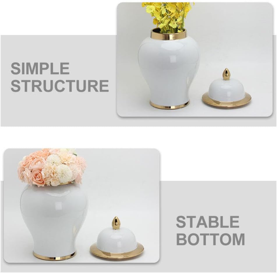 IMIKEYA Ginger Jar, White Ginger Jar with Gold Trim Handicraft Flower Vase Chinese Style Temple Jar Storage Jar Tea Canister with Lid for Home Office Wedding Decor