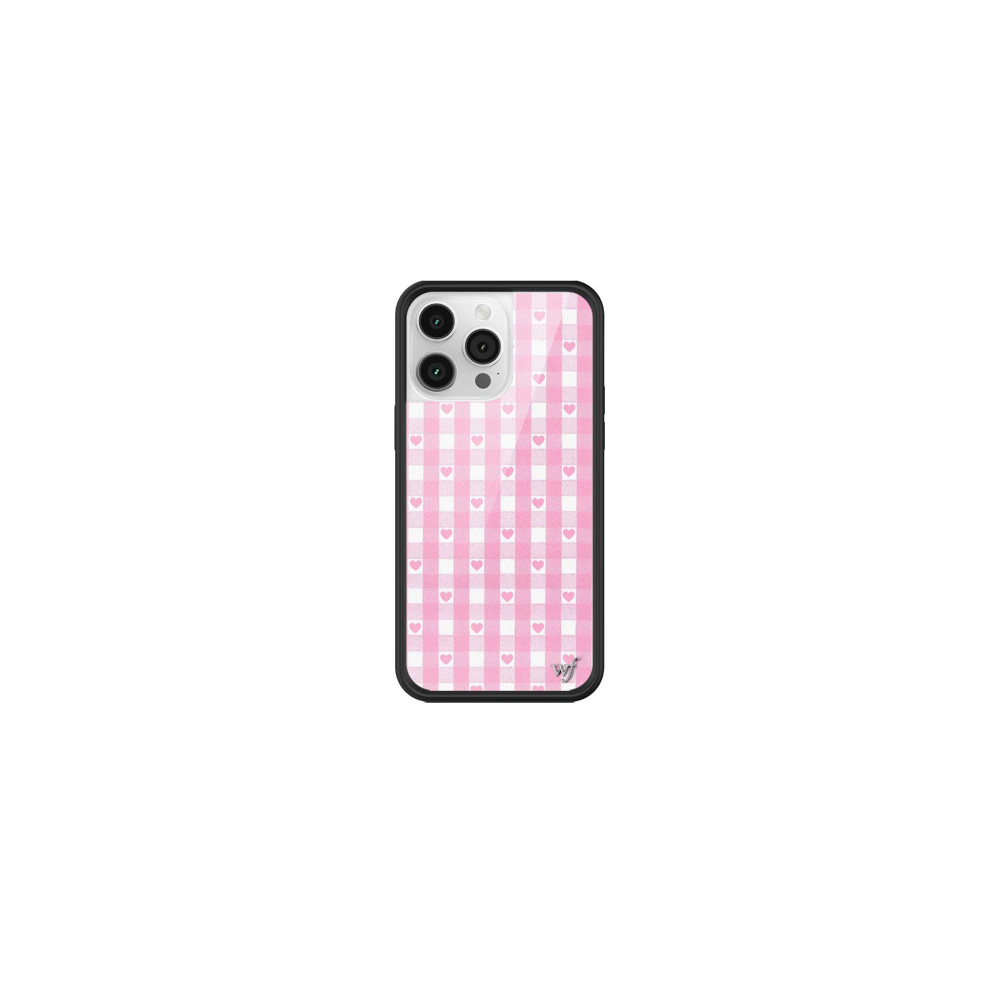 Wildflower Cases - Pink Gingham Hearts, Compatible with Apple iPhone 14 Pro Max | Plaid, Checkered, Unique, Cute, Trendy - Protective Black Bumper,