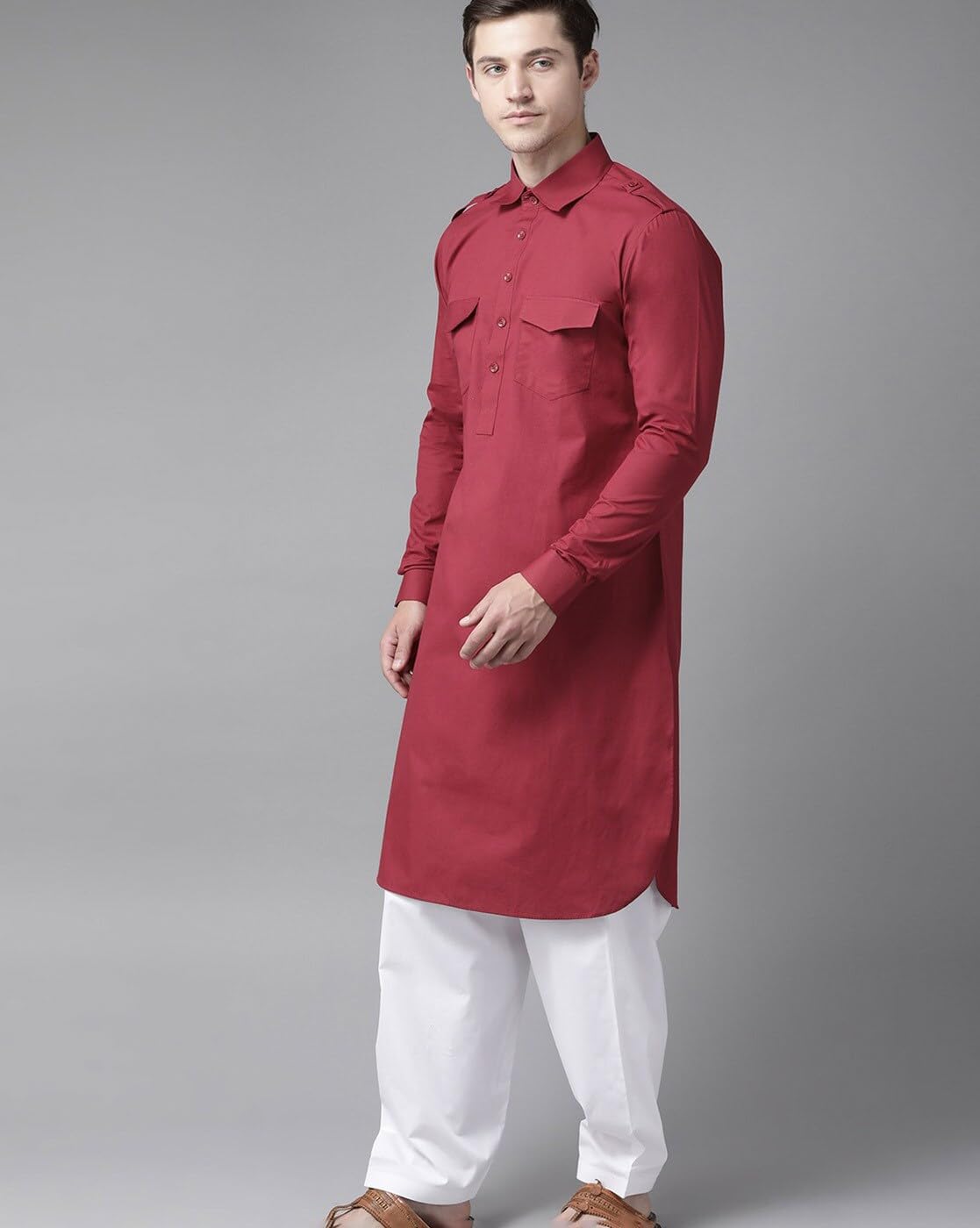 See Designs Men's Solid Cotton Curved Hemline With Shirt Collar Maroon Full Sleeve Pathani Kurta With Salwar - Sdkt604Xs