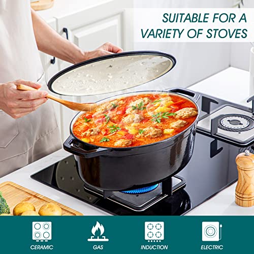 Image of vancasso 9.3 Qt Oval Enameled Cast Iron Dutch Oven with Lid, Black | Bread baking, roasting, braising, self-basting lid, oven to 500F on gas, induction, ceramic, non-toxic enamel, family size.