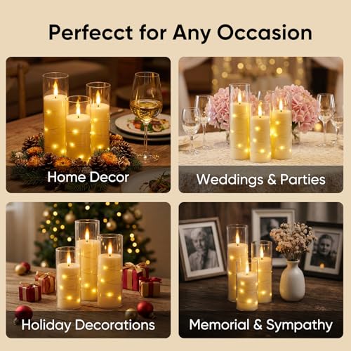 Image of Homemory Flameless Candles with Remote Timer, Clear Acrylic Flickering LED Pillar Candles with Embedded Fairy String Lights, Battery Operated Candles for Wedding Fireplace Lantern Home Decor, Set of 9