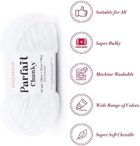 Miniatura 2 de Premier Yarns Parfait Chunky - 3.5 oz - Peso súper voluminoso #6 - Paquete de 3 paquetes con marcadores de puntada Bella's Crafts (blanco)