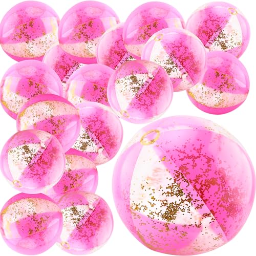 18er-Pack Aufblasbare 20 cm Große Rosa Glitzer-Strandbälle Große Menge Aufblasbare Rosa Konfetti-Strandbälle für Sommer Strand Pool Wasserparty-Spielzeug Hawaii-Luau-Partygeschenke